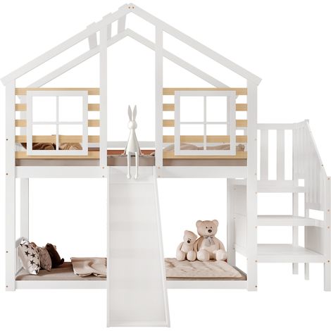 Letto a castello bambini 90x200 cm bianco in legno/MDF con scivolo, scala e finestre (1/5)
