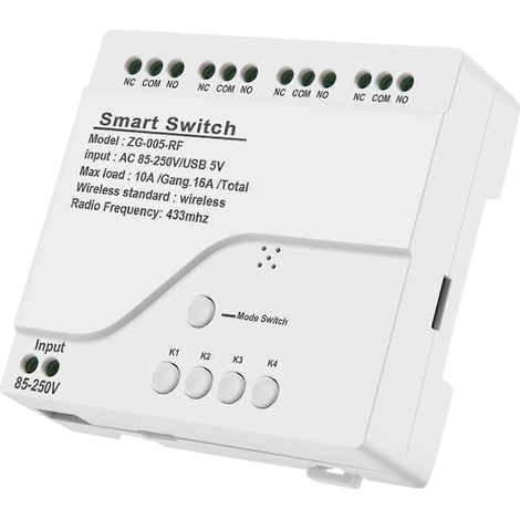 Module d'interrupteur intelligent Zigbee 4 canaux, alimentation AC 85-250 V, récepteur RF433, relais 10 A, compatible avec Alexa et Tuya Smart Life. (1/5)