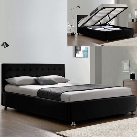 MEUBLER DESIGN Lit Complet Sommier Relevable + Tête De Lit + Cadre De Lit Capitole - Noir - 180x200, Polyuréthane, Style Contemporain, 213 x 191 x 90.5 cm (1/2)
