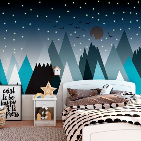 Stickers muraux enfants - Autocollant mural géant enfant montagnes scandinaves MONTAGNES PARKA + 100 ÉTOILES PHOSPHORESCENTES - 40x60cm (1/5)