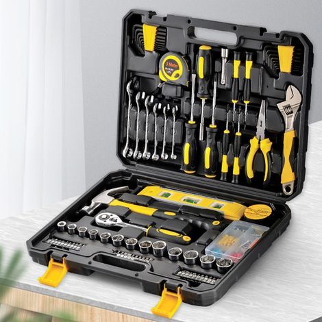 108-piece universal tool set for home use, with plastic storage box, suitable for automotive and household repairs. (1/5)