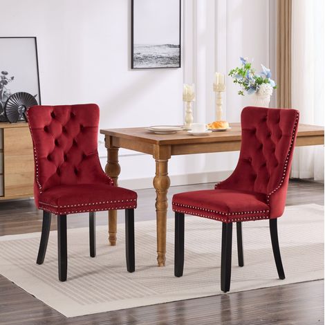 Lote de 2 sillas de comedor con respaldo tapizado, patas de madera, de terciopelo, rojo (1/5)
