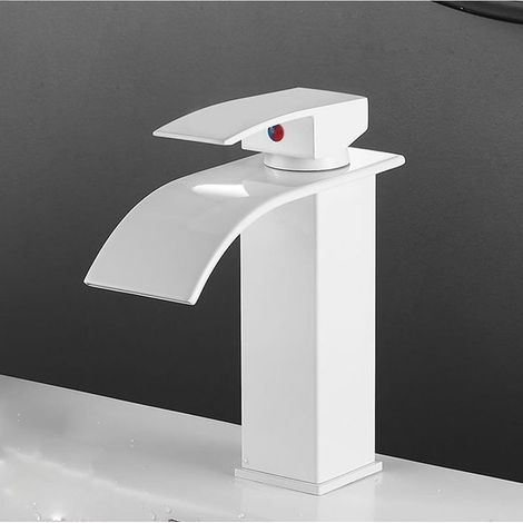 Robinet de salle de bain blanc à bec plat et court avec tuyau d'arrivée de 60 cm Robinet d'eau chaude et froide à bec large de style européen pour lavabo/évier (1/4)