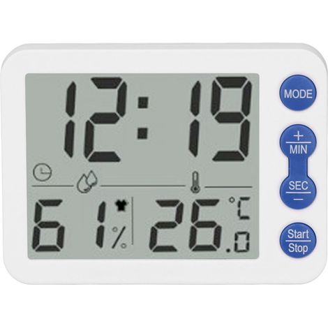 Thermomètre-hygromètre électronique multifonctionnel d'intérieur avec fonction réveil et touches blanches et bleues. (1/5)