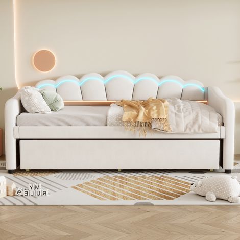 Méridienne 90x200 cm convertible en lit d'appoint, canapé-lit pour invités, couchage simple (matelas non inclus), tissu velouté, LED multicolores avec télécommande, design épuré, teinte sable (1/5)