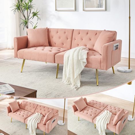 Canapé deux places moderne en velours, dossier réglable en 3 positions, 2 coussins inclus, pieds en métal robustes, doux et confortable pour salon, appartement en location, petit appartement, rose