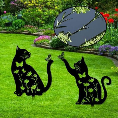 Décoration de Jardin pour Chat en métal - ANNEFLY - Chats jouant des papillons - Noir - Lot de 2 (1/4)