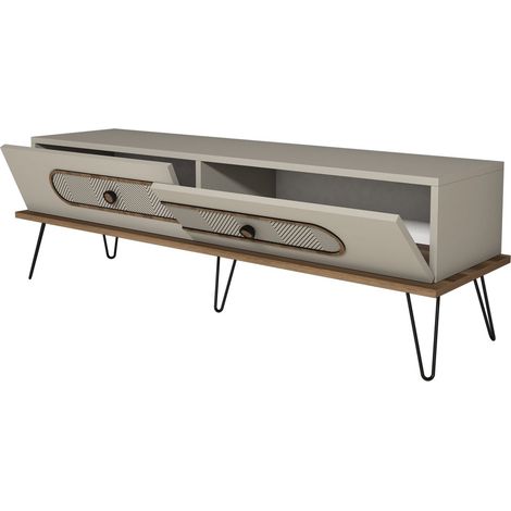 Meuble TV 2 portes bois beige clair et pieds acier noir Koban 145cm (1/5)