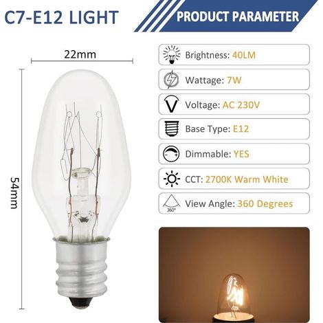 E12 7W Ersatzbirne, Warmweiß 2700K, 40lm, 230V Wechselstrom, Glühlampe, für Orientierungsbeleuchtung, Salzkristalllampe, Salzsteinlampe, Nachtlicht, 3er-Pack (1/4)