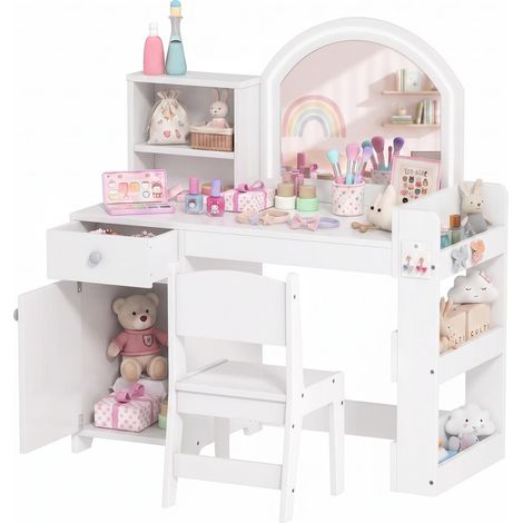 Miroir Lumineux LED et Rangement Coiffeuse Fille avec Chaise et Étagères Table de Maquillage et Bureau Enfant Blanc (1/5)