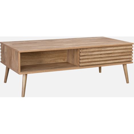 Tavolino scandinavo con ante scorrevoli, decoro in legno scanalato (1/5)