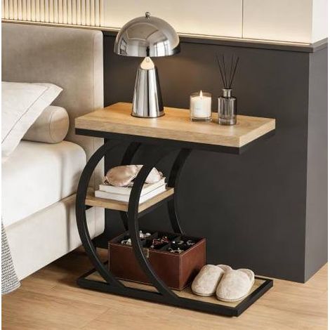 Tavolino da appoggio a C, 3 ripiani, 60 x 30 x 58,5 cm, metallo e legno, nero e marrone DESVIAE (1/5)
