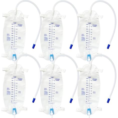 Lot de 6 poches à urine pour les jambes, capacité 1000 ml, poches de drainage urinaire, poches de collecte d'urine, poches de drainage avec 2 sangles, valve et raccord en T (1/5)