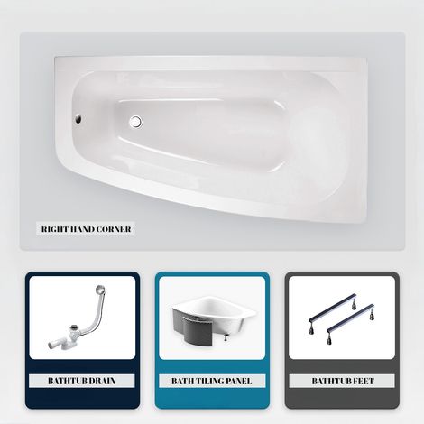 Asymmetrische Badewanne - 150 x 80 cm - Rechts - mit Verkleidung - mit Füßen - Ablaufgarnitur Chrom - LUNA (1/5)