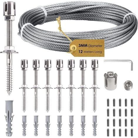Treillis en acier inoxydable pour plantes grimpantes – Système professionnel avec supports muraux – Câble acier 3mm, 12m, 8 supports (1/5)