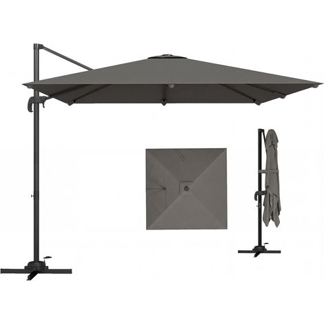 Parasol déporté 3x3 m avec manivelle et pied croix, anti-UV résistant au vent gris foncé extérieur (1/5)