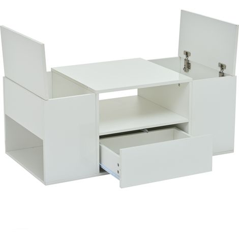 Mesa de centro 100 x 50 x 40 cm blanco brillante con cajón, 2 armarios y LED (1/5)