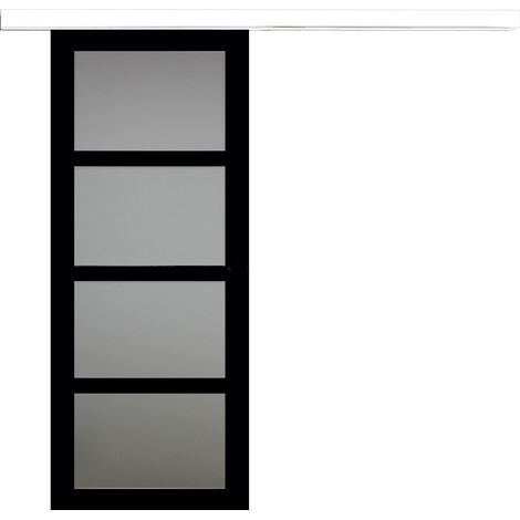 Puerta corredera Telia negra con cristal H204 x L83 cm, riel de aluminio con banda blanca, GD MENUISERIES