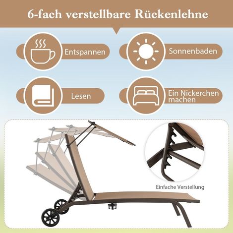 Terrassenliege Outdoor-Liegestuhl mit Rädern Strandliege aus Metall Braun