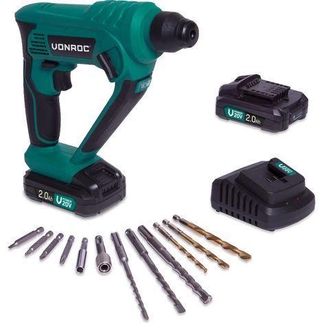 Vonroc – Marteau perforateur sans fil 20V – 2 batteries 2.0Ah – SDS-plus pour béton et maçonnerie – Mécanisme d'impact 1,3 Joule (1/5)