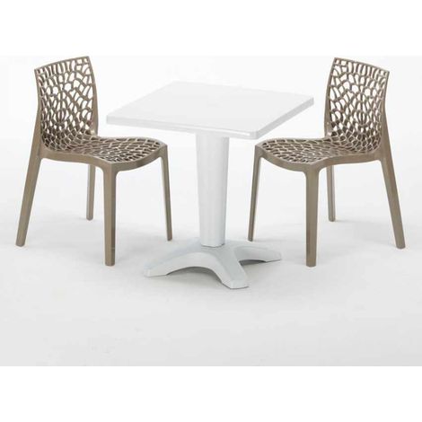 Tavolino Quadrato Bianco 70x70 cm con 2 Sedie Colorate Gruvyer Patio - Beige Juta