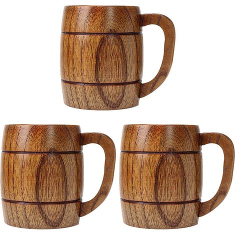 Lot de 3 gobelets en bois naturel de style classique de 400 ml, chopes à bière en bois, cadeaux originaux et écologiques pour les fêtes (1/5)