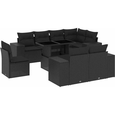 Salon de jardin 9 pcs Mobilier de jardin avec coussins noir résine tressée (1/5)