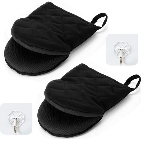 Lot de 2 maniques Cuisine 230 °C avec 2 Crochets muraux de Cuisine, Gants Cuisine avec Surface antidérapante et Boucle de Suspension, Gant de Cuisine pour Four, Gril et friteuse à air Chaud (1/5)