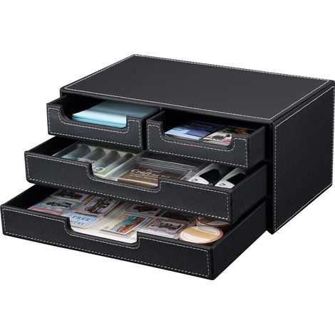 Organiseur de bureau en cuir, organiseur de bureau multifonction pour tiroir de papeterie, noir (1/5)