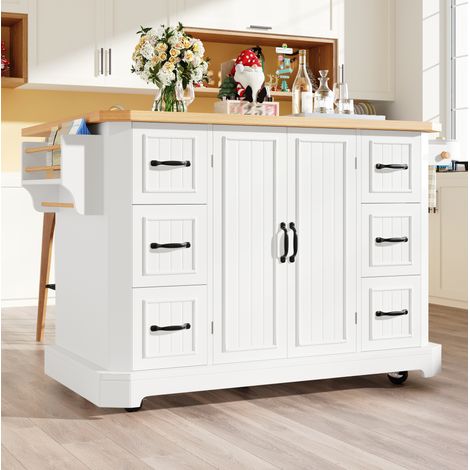 Isla de cocina móvil 120x45x91 cm en MDF y metal blanco con almacenaje FloraGrace (1/5)