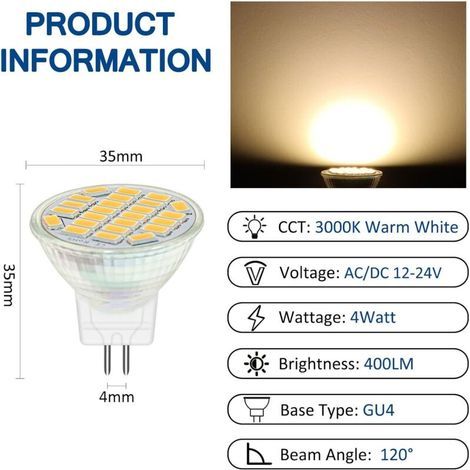 Ersandy MR11 GU4 12V LED 4W Blanc Chaud 3000K, 350LM, 120° 35mm MR11 35W Halogène Équivalent, AC DC 24V 12V Spot LED Encastrable GU4 pour Meuble Cuisine Camper, non-dimmable, lot de 4 [Classe é (1/3)