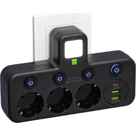 Multiprise murale avec 3 prises, 2 ports USB et 1 port Type-C – connexion directe sans fil, adaptée à la maison et au bureau, noire. (1/5)