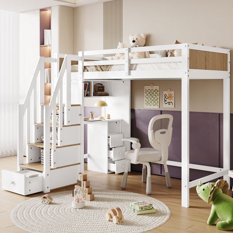 Fortuna Lai – Lit mezzanine 90x200cm avec bureau et 3 tiroirs – Escalier de rangement – Pin et MDF – Couleur blanc et naturel – Capacité 150 kg (1/5)