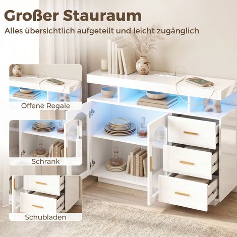 Buffet lumineux LED avec prises intégrées, 3 tiroirs, étagères et 2 portes acryliques, blanc laqué brillant (1/5)