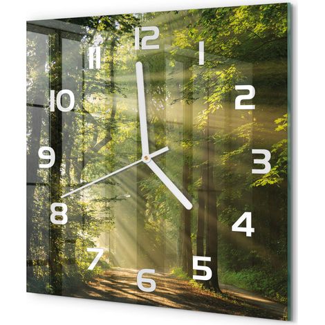 Horloge Murale Carrée Originale en Verre Silencieuse Design Moderne Salon Forêt au soleil 30x30 cm (1/5)