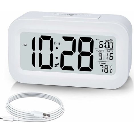 Alarm Clock, Small Digital Alarm Clock, 5.1 LCD Display with USB Charger, Snooze, Minutes, Date Calendar, Temperature Alarm Display, White (1/5)