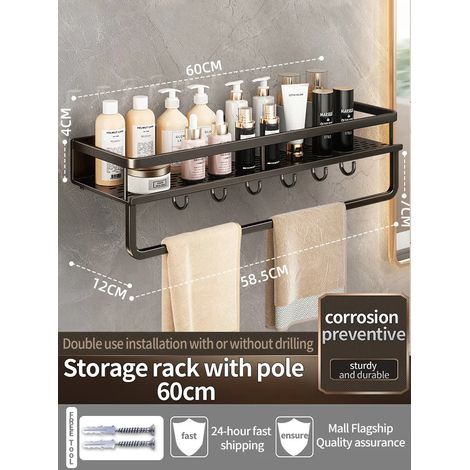 Étagère murale en aluminium (noir, 60 cm) pour salle de bain, rangement pour shampoing, organisateur de cuisine. (1/5)