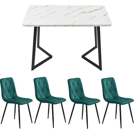 Ensemble Table 117x68 Cm + 4 Chaises Velours Vert, Plateau Mdf Effet Marbre, Pieds Métal Noirs (1/5)