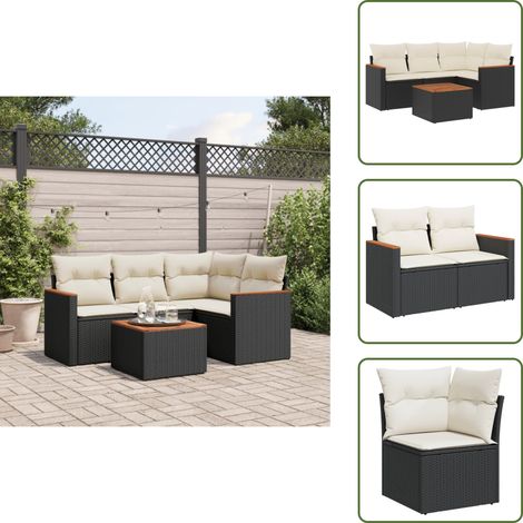 The Living Store Salon de jardin 5 pcs avec coussins noir résine tressée - Ensemble Salon De Jardin - Mobilier Extérieur - Canapé Jardin - Table Basse Jardin - Chaise Lounge (1/5)