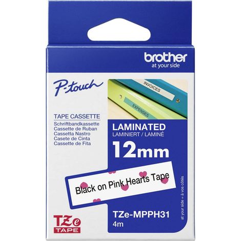 Brother TZe, TZ TZe-MPPH31 Couleur de ruban: blanc (avec coeurs roses) Couleur de police:noir 12 mm 4 m (1/4)