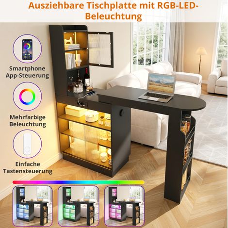 Barra de cocina extensible con almacenaje, LED y enchufes 131-170 x 40 x 170 cm negra OKWISH (1/2)