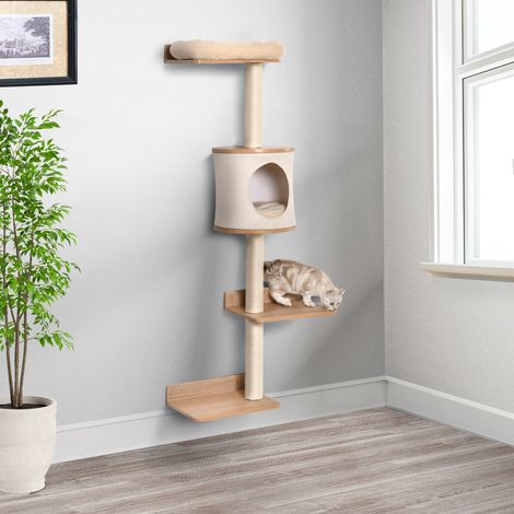 Árbol para Gatos de Pared 38x30x149 cm con Múltiples Plataformas de Madera Cueva Cama Superior Cojín Extraíble Postes Rascadores de Sisal Torre para Escalar Beige y Roble (1/5)