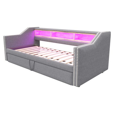Polsterbett Ausziehbares Schlafsofa, Multifunktionales Staufach, LED-Licht und USB-Buchse, mit Lattenrost