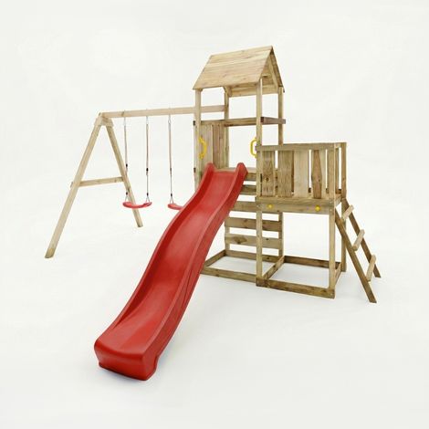 Gioco da giardino in legno Maxplay 3.2 con Scivolo rosso, torre, parete di arrampicata e doppia altalena (1/5)