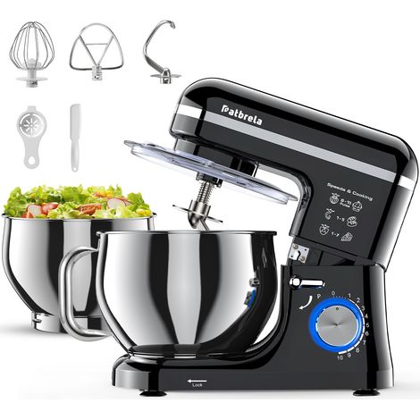 Robot Pâtissier 1500W, Double Bol Inox 5.3L + 3.5L, 10 Vitesses + Pulse, Batteur, Fouet, Crochet Batteur Pétrin Multifonction, Noir