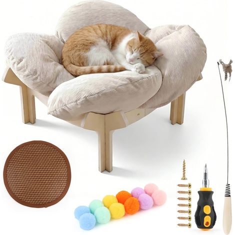 Flower Shaped Raised Cat Bed,Petal Shaped Cat Bed Wooden Cat Bed for Cats Soft Cushion Highly Elastic Removable and Washable Sleeping Furniture for All Cats (1/5)