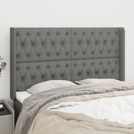 Tête lit de avec oreilles pour lit double, Cadre de lit, Tableau décoratif de chevet Gris foncé 147x16x118/128 cm Tissu CDE83311 (1/5)