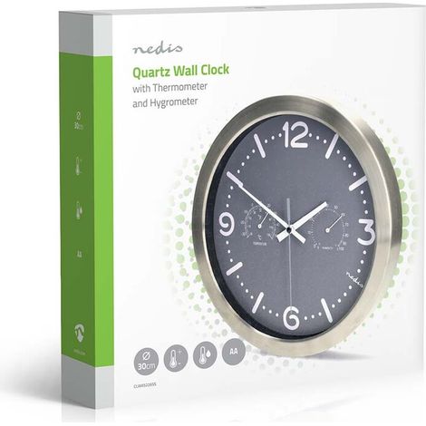 Nedis Wanduhr / Durchmesser: 300 mm / Edelstahl / Leise Bewegung / Thermometer (Temperatur) / Hygrometer / Grau / Metall