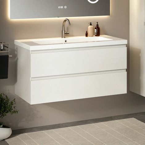 Sena Badezimmermöbel Weiß mit Keramikwaschbecken 100 cm – Wandhängender Waschtischunterschrank – Schubladen mit Soft-Close-Funktion – Feuchtigkeitsbeständig – Pflegeleichte Oberfläche – Großzügiger St (1/5)