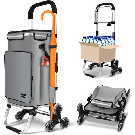 Vounot – Chariot de courses pliable aluminium 40kg – 6 roues pour escaliers – sac isotherme intégré – crochets pour sacs – gris